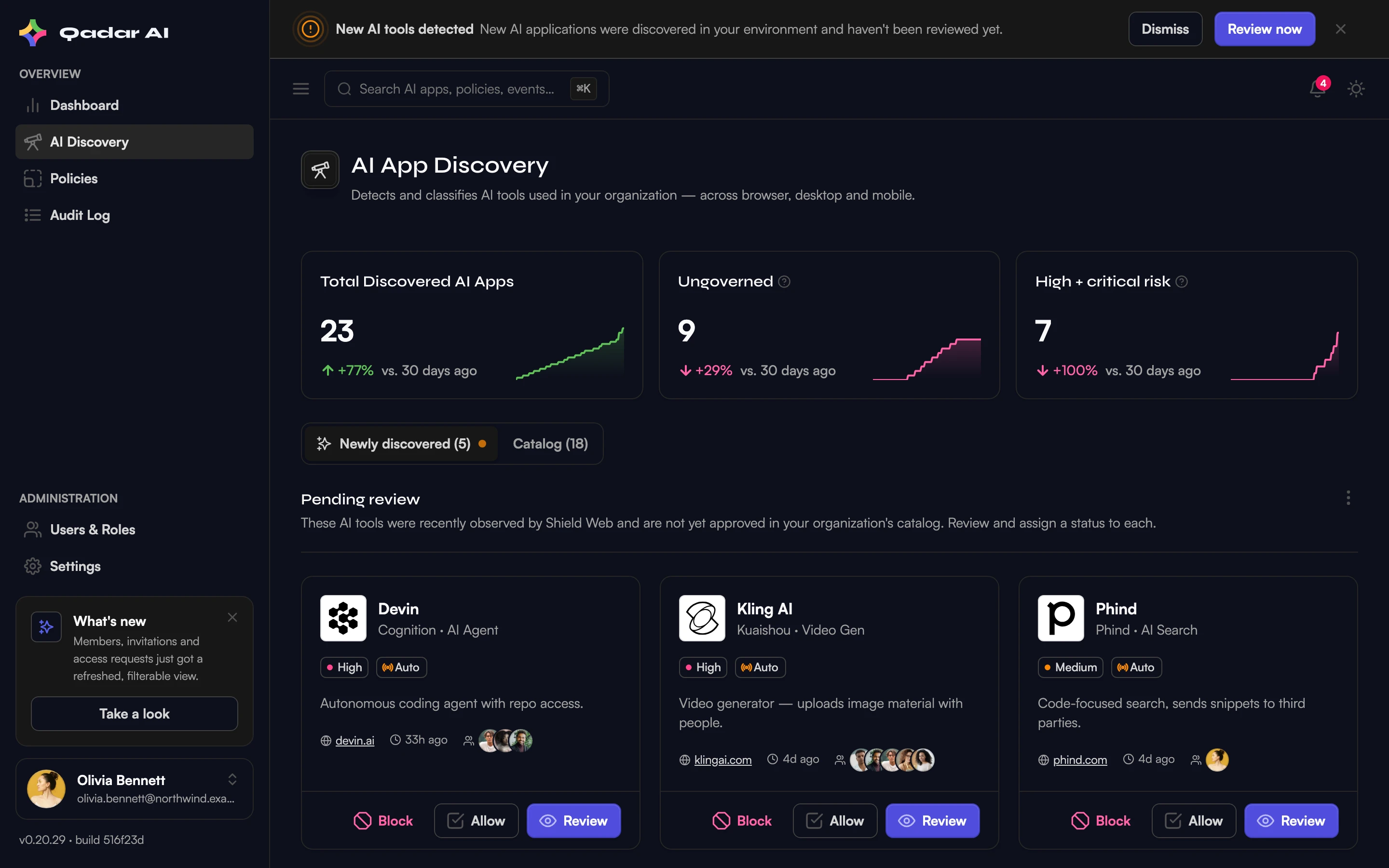 Shield Control discovery view listing newly detected AI tools