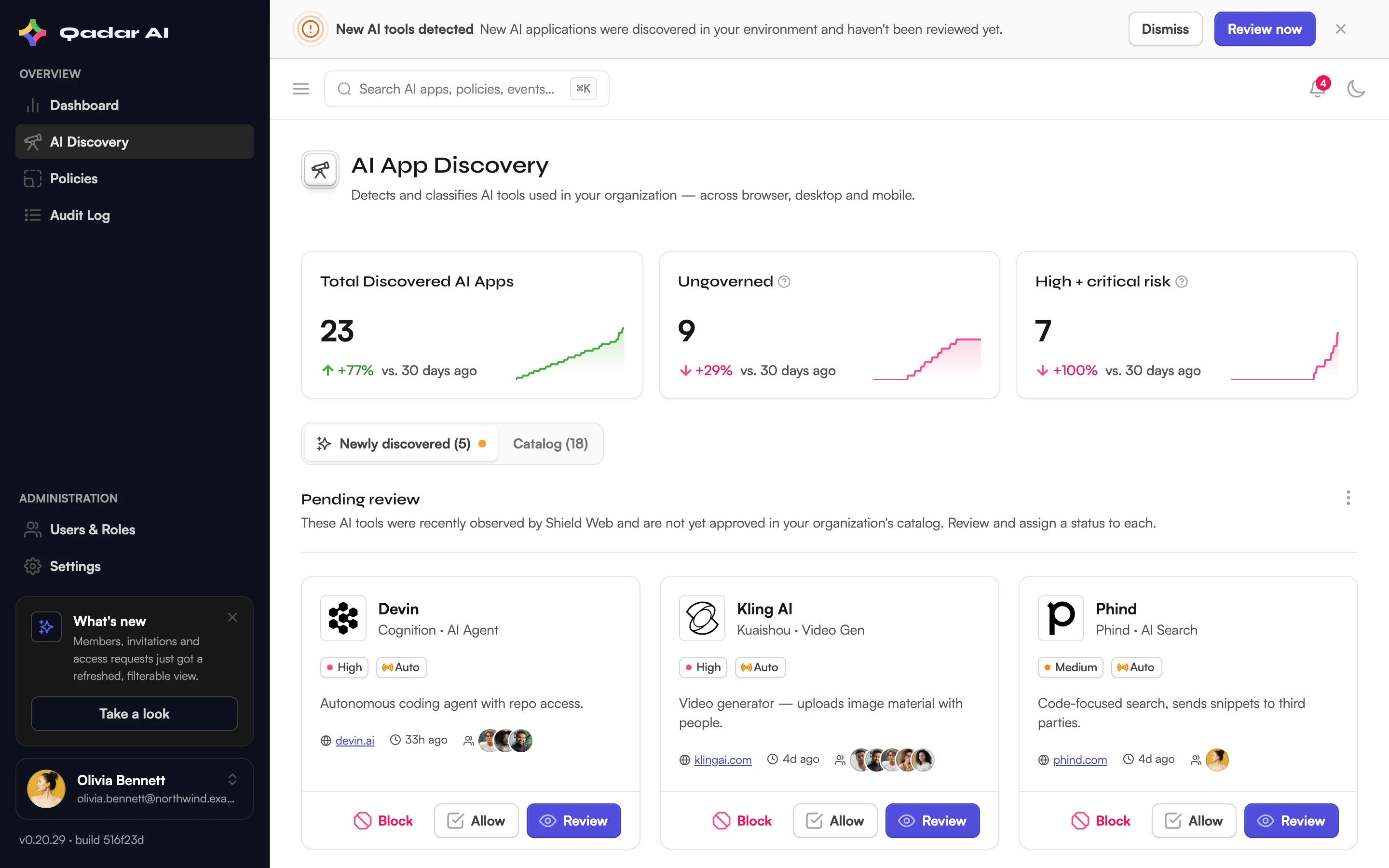 Shield Control discovery view listing newly detected AI tools
